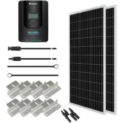 Renogy Kit Solaire 200W 12V Panneau Monocristallin - Régulateur De Charge 20A MPPT - Cable Avec Connecteurs MC4Y - Cable Batterie - Support En Z Pour Montage Module Photovoltaïque