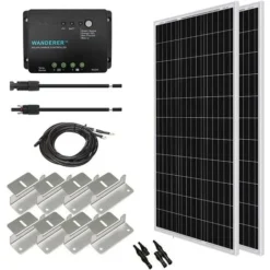 Renogy Kit De Panneaux Solaires Hors Réseau 200 W 12 V : 2Pcs 100W Monocristallin Panneau Solaire + 30 A PWM Contrôleur Intelligent Régulateur Solaire + 6M 2.5MM Adaptateur Kit Câble Solaire + 2M 2.5MM Câble De Batterie + Z Supports Pour RV, Bateau, Toit, Voiture, Caravane , Batterie Charge