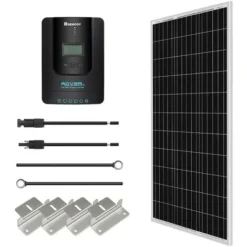 Renogy Kit Solaire 100W 12V Panneau Monocristallin - Régulateur De Charge 20A MPPT - Cable Avec Connecteurs MC4 - Cable Batterie - Support En Z Pour Montage Module Photovoltaïque