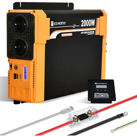 ECO-WORTHY 2000W 12Vdc-230Vac Pure Sine Wave Inverter Onduleur Solaire Hors-réseau,Port USB Double 18W Intégré, 2 Prises AC, 1 Bornes Hardwire Et 1 Fusible 200A