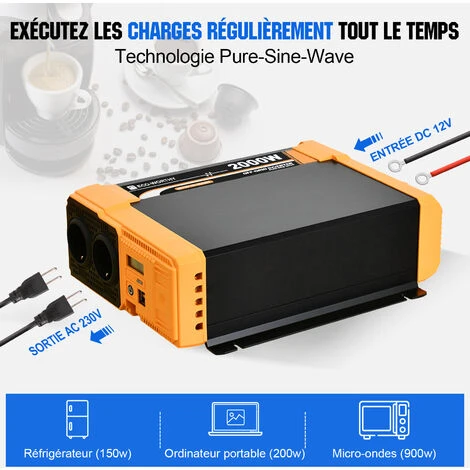 ECO-WORTHY 2000W 12Vdc-230Vac Pure Sine Wave Inverter Onduleur Solaire Hors-réseau,Port USB Double 18W Intégré, 2 Prises AC, 1 Bornes Hardwire Et 1 Fusible 200A – Image 2
