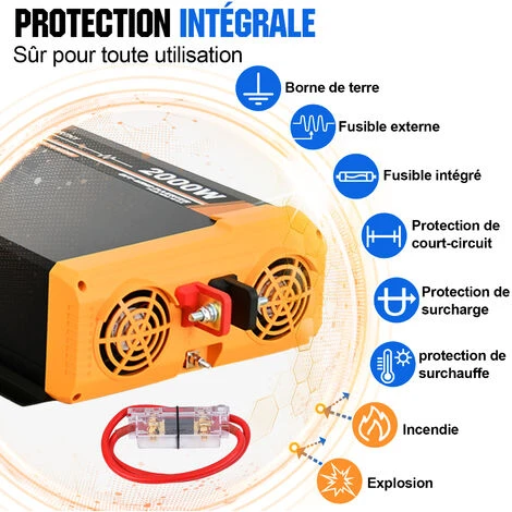 ECO-WORTHY 2000W 12Vdc-230Vac Pure Sine Wave Inverter Onduleur Solaire Hors-réseau,Port USB Double 18W Intégré, 2 Prises AC, 1 Bornes Hardwire Et 1 Fusible 200A – Image 3