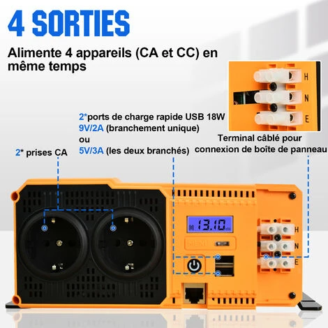 ECO-WORTHY 2000W 12Vdc-230Vac Pure Sine Wave Inverter Onduleur Solaire Hors-réseau,Port USB Double 18W Intégré, 2 Prises AC, 1 Bornes Hardwire Et 1 Fusible 200A – Image 4