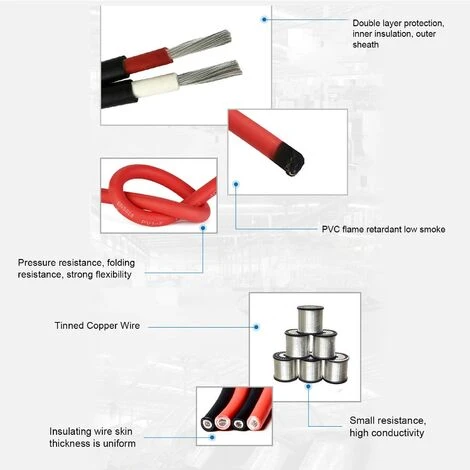 Câble D'extension Solaire XLPE 10m économie D'énergie Grande Capacité De Charge Fil De Panneau Solaire Isolé Cuivre étamé Pour L'industrie Le Noir – Image 4