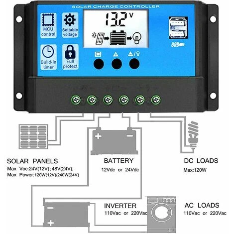 Régulateur De Charge Solaire Régulateur De Panneau Solaire Régulateur 12V/24V Avec USB 10A